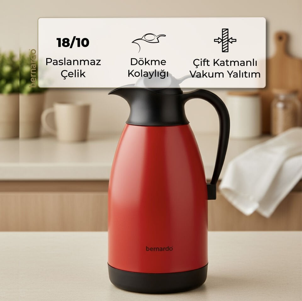 Bernardo Grandio Çelik Termos Kırmızı 2 Litre