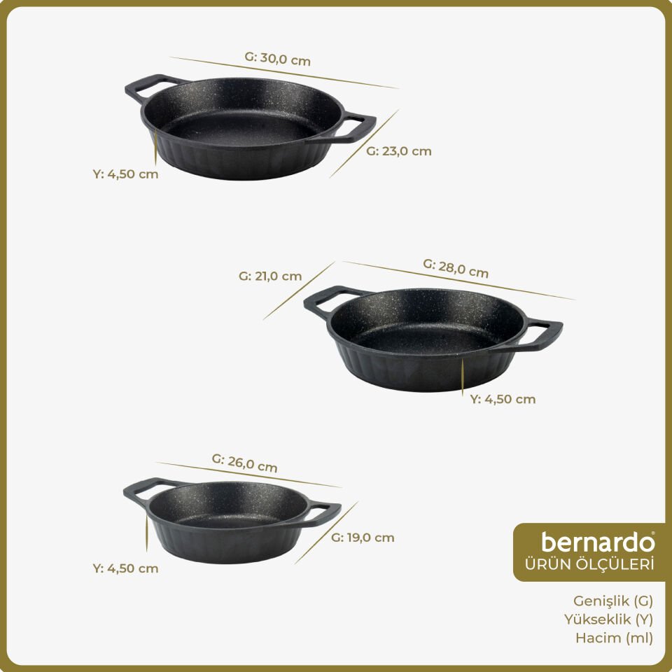 Bernardo Olimpos 3'lü Sahan Seti Siyah (18-20-22 cm)