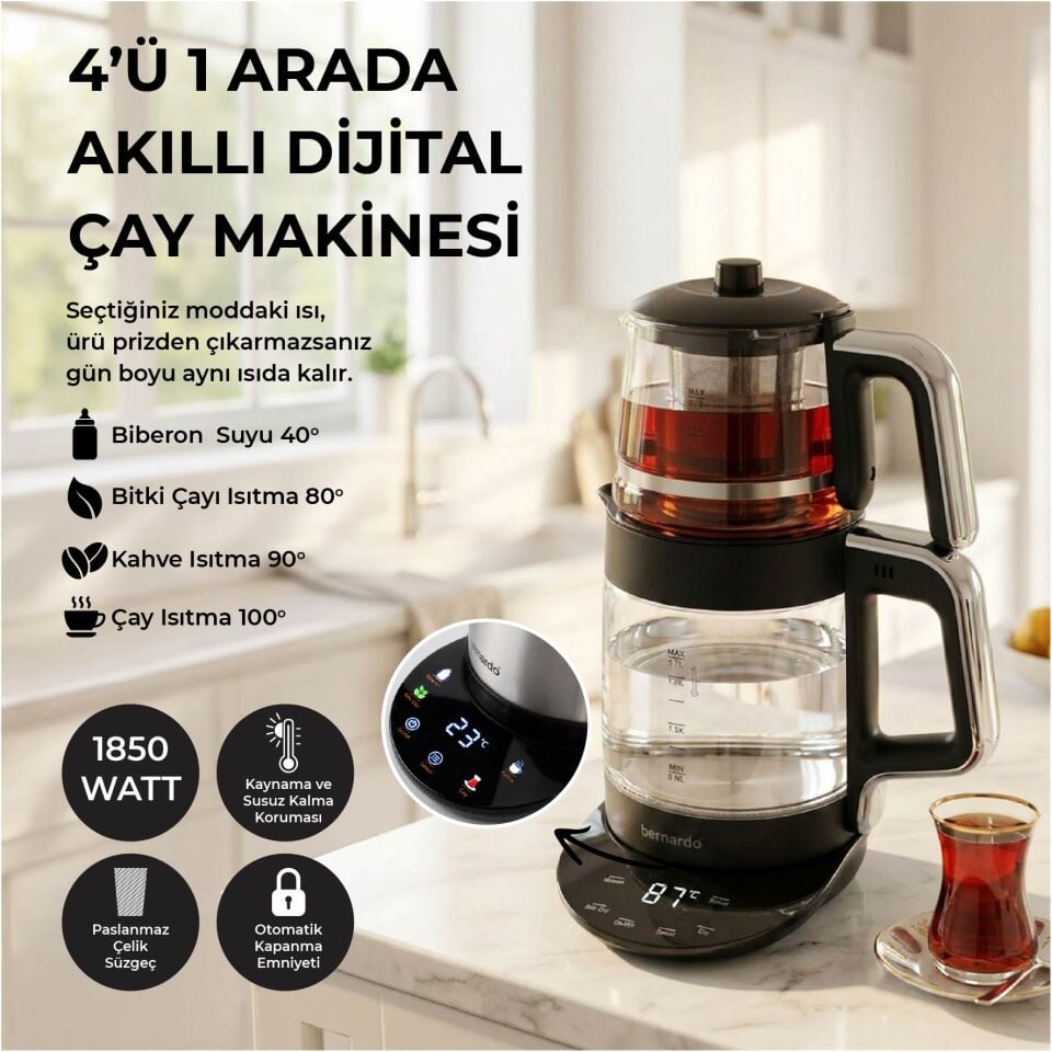 Bernardo Roma Dijital Cam Çay Makinesi Siyah